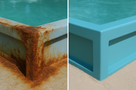 immagine piscina in ferro con corrosione e dopo il trattamento Foto che mostra piscina in ferro corrosa dalla ruggine e successivamente dopo il trattamento con le vernici Finepool Paints