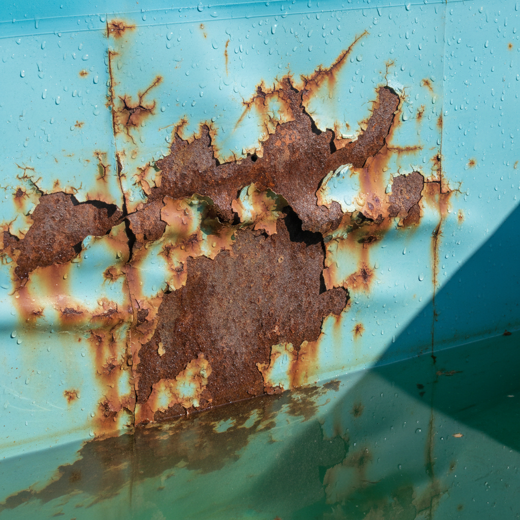 Foto che mostra piscina in ferro corrosa dalla ruggine e successivamente dopo il trattamento con le vernici Finepool Paints